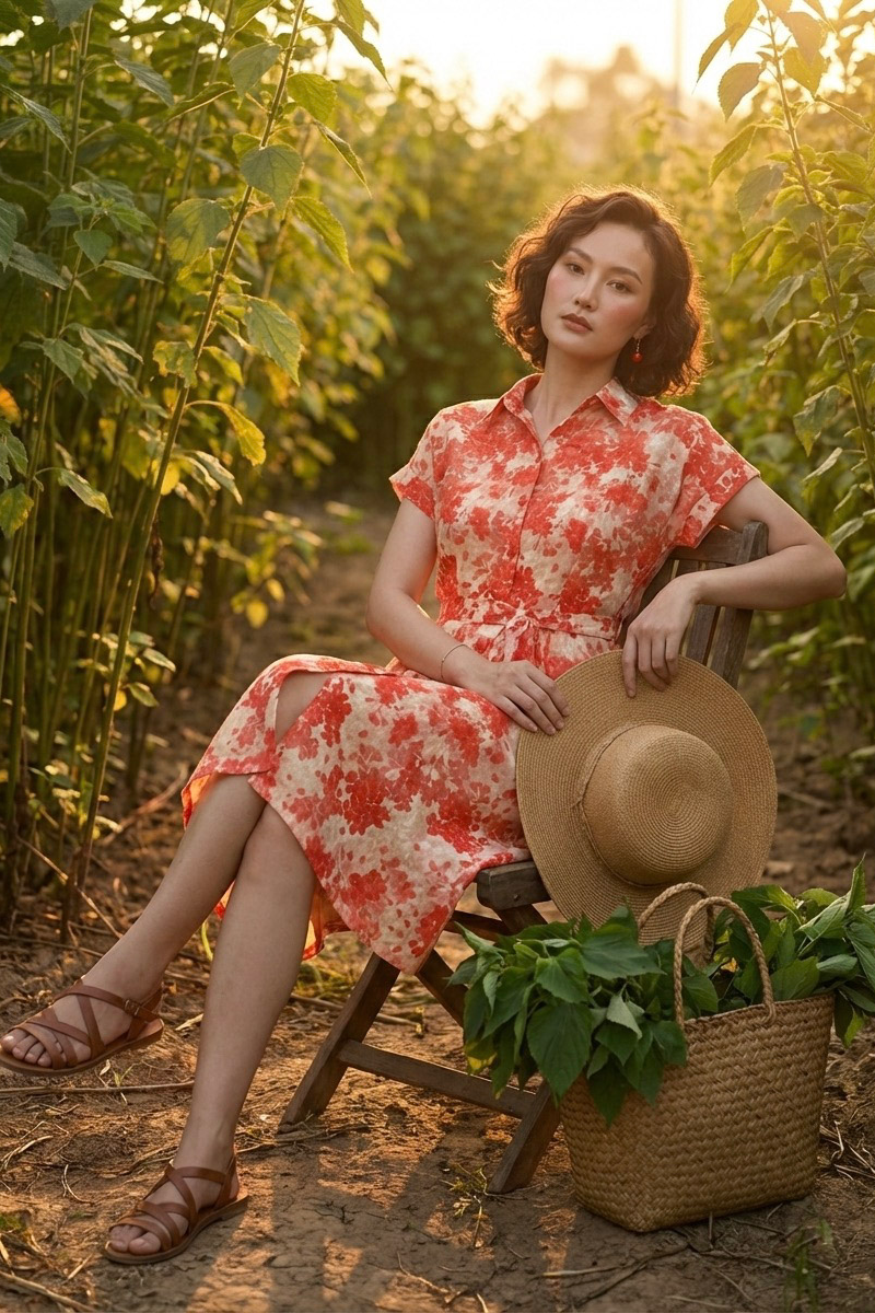 Đầm sơ mi vải gai xanh ramie thời trang Hity