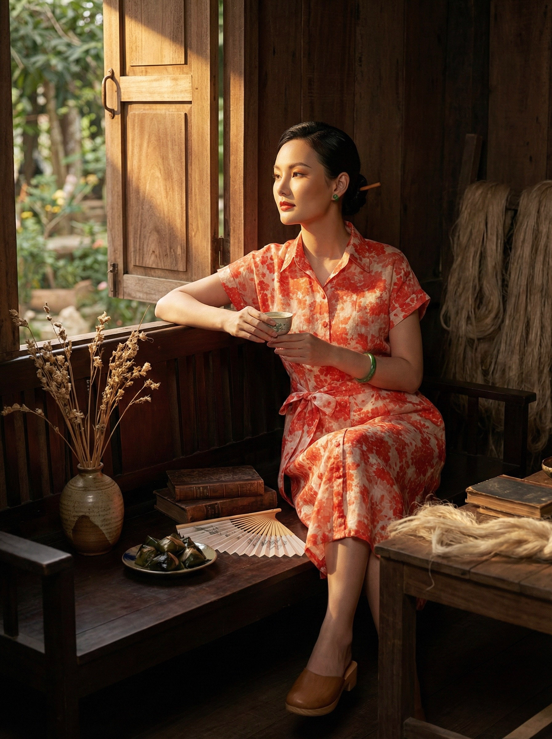 Đầm sơ mi vải gai xanh ramie thời trang Hity