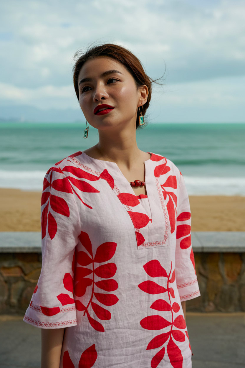 Đầm suông linen lá đỏ thêu lắc tay thời trang Hity