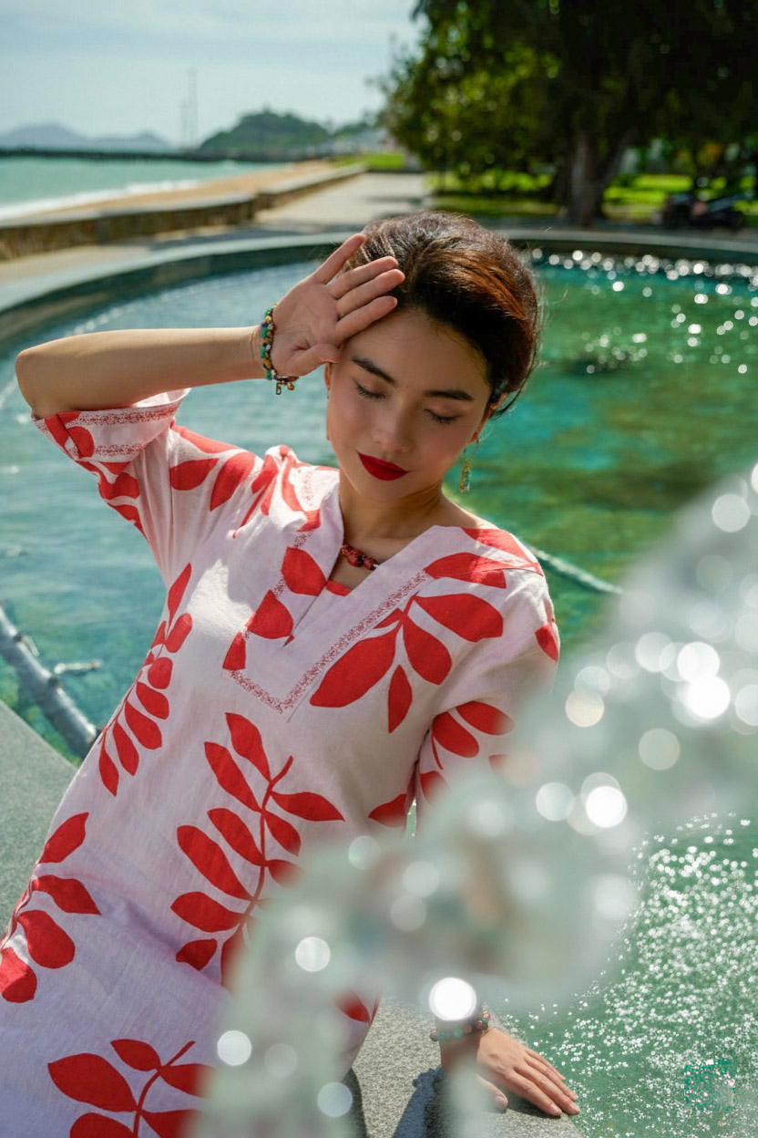 Đầm suông linen lá đỏ thêu lắc tay thời trang Hity