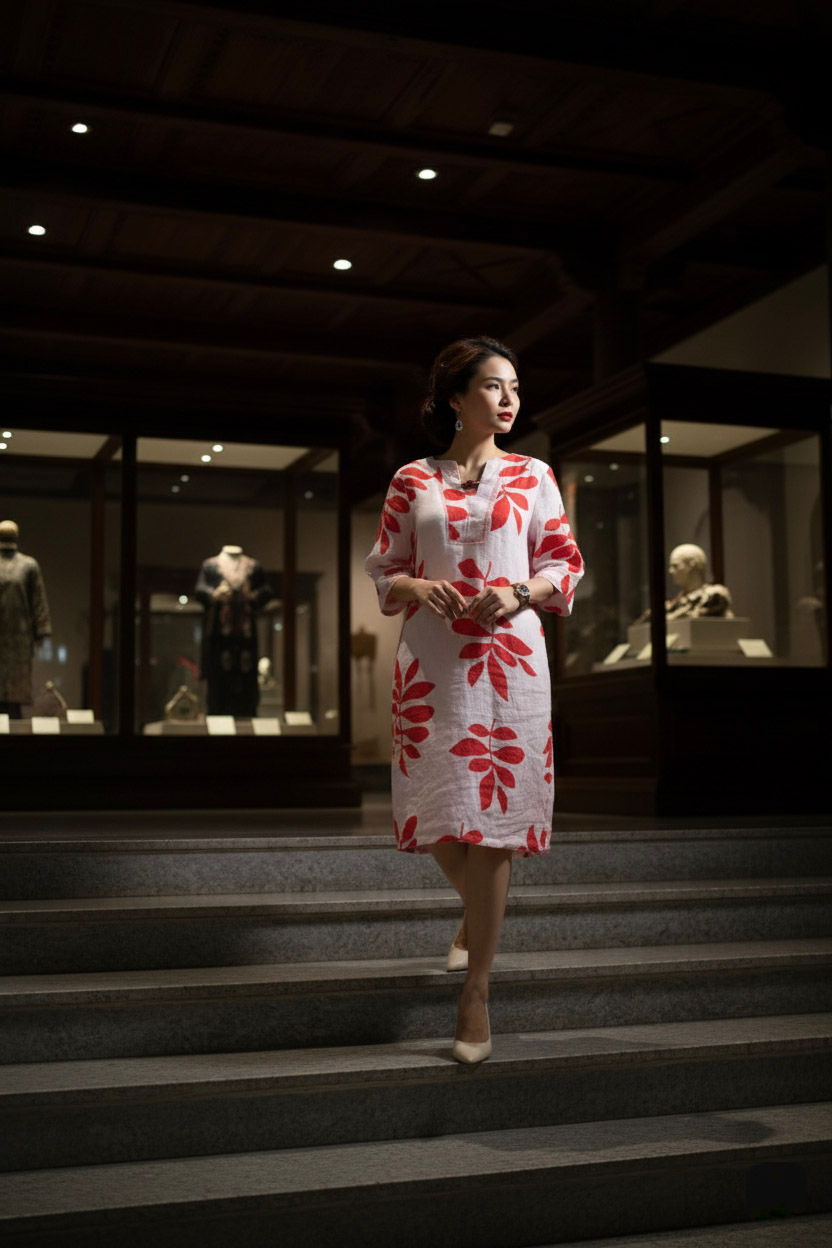 Đầm suông linen lá đỏ thêu lắc tay thời trang Hity