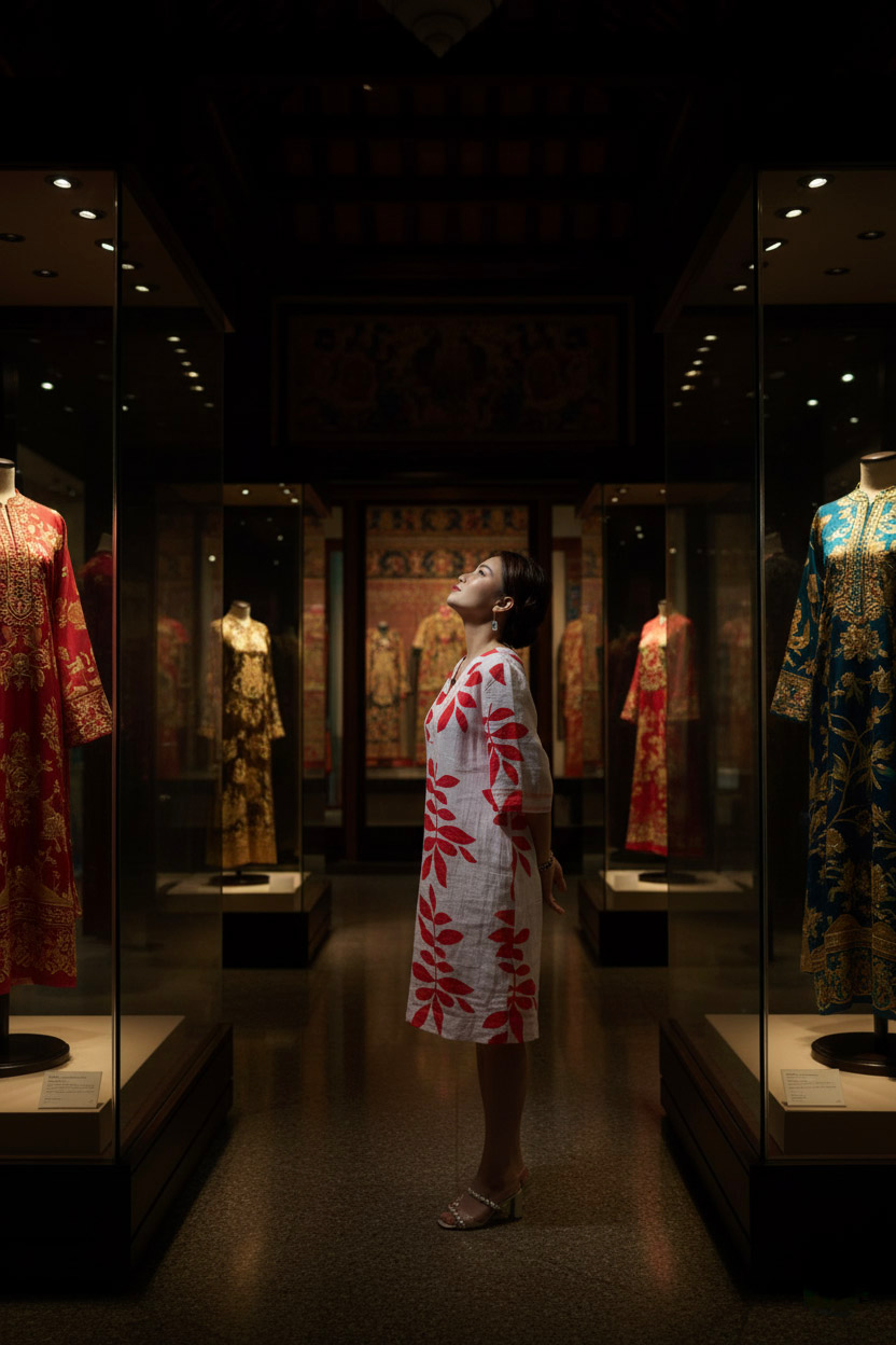 Đầm suông linen lá đỏ thêu lắc tay thời trang Hity