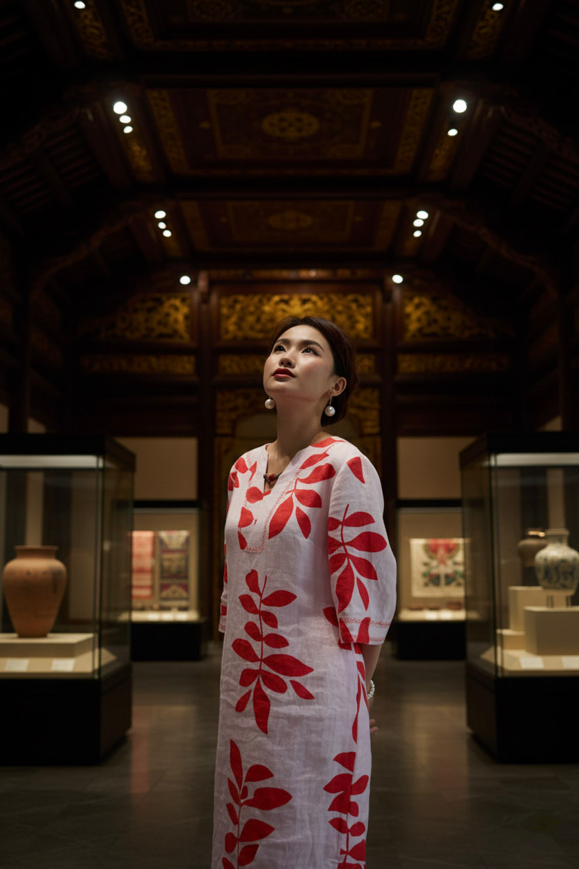 Đầm suông linen lá đỏ thêu lắc tay thời trang Hity