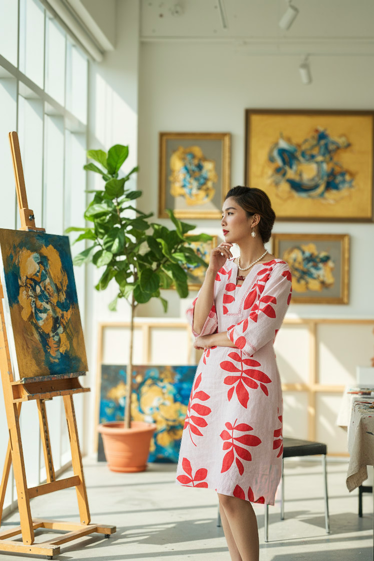 Đầm suông linen lá đỏ thêu lắc tay thời trang Hity