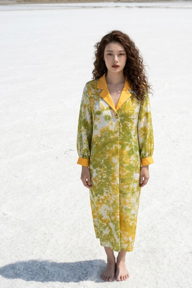 Đầm midi suông cổ ve lụa tơ tằm tie-dye thời trang Hity