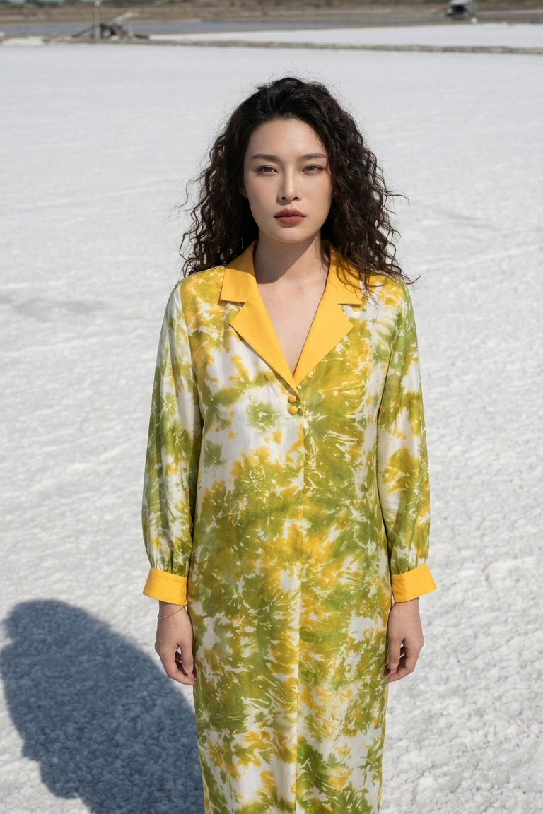 Đầm midi suông cổ ve lụa tơ tằm tie-dye thời trang Hity