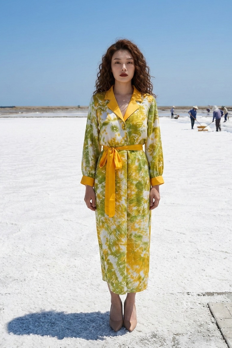 Đầm midi suông cổ ve lụa tơ tằm tie-dye thời trang Hity