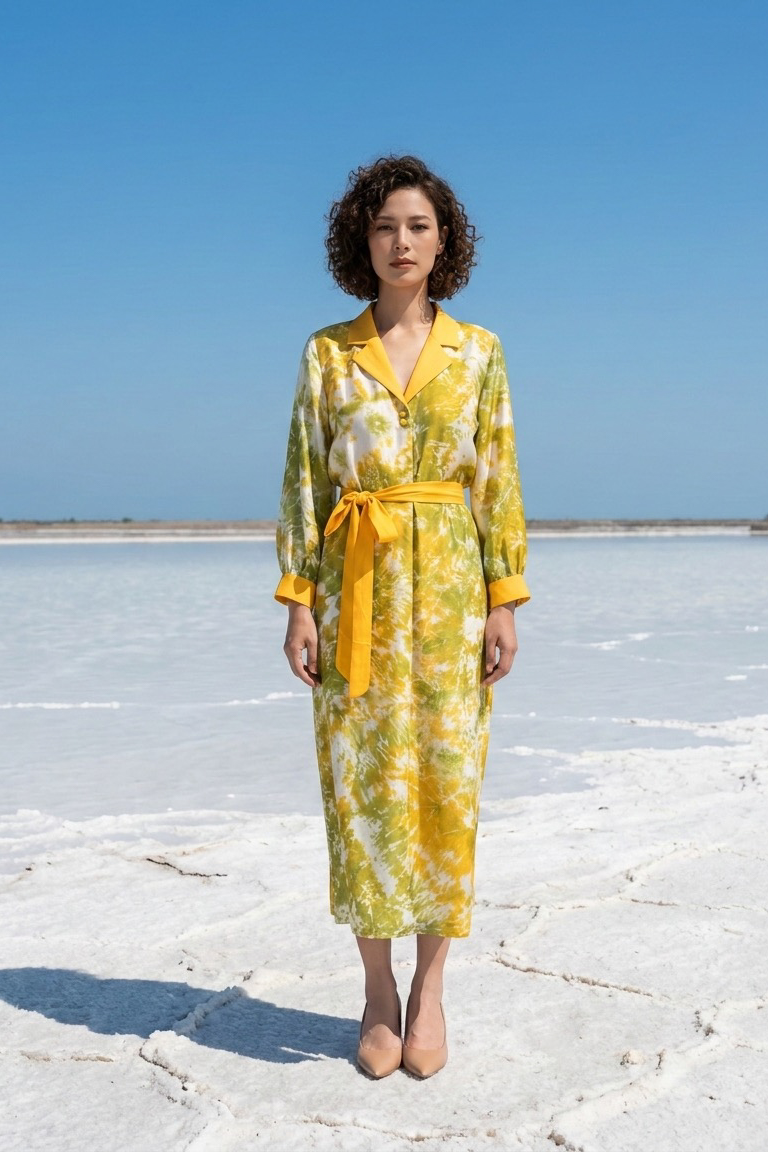 Đầm midi suông cổ ve lụa tơ tằm tie-dye thời trang Hity