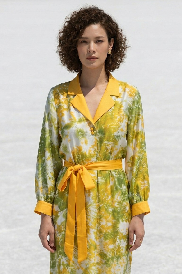 Đầm midi suông cổ ve lụa tơ tằm tie-dye thời trang Hity