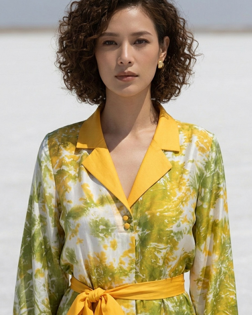 Đầm midi suông cổ ve lụa tơ tằm tie-dye thời trang Hity