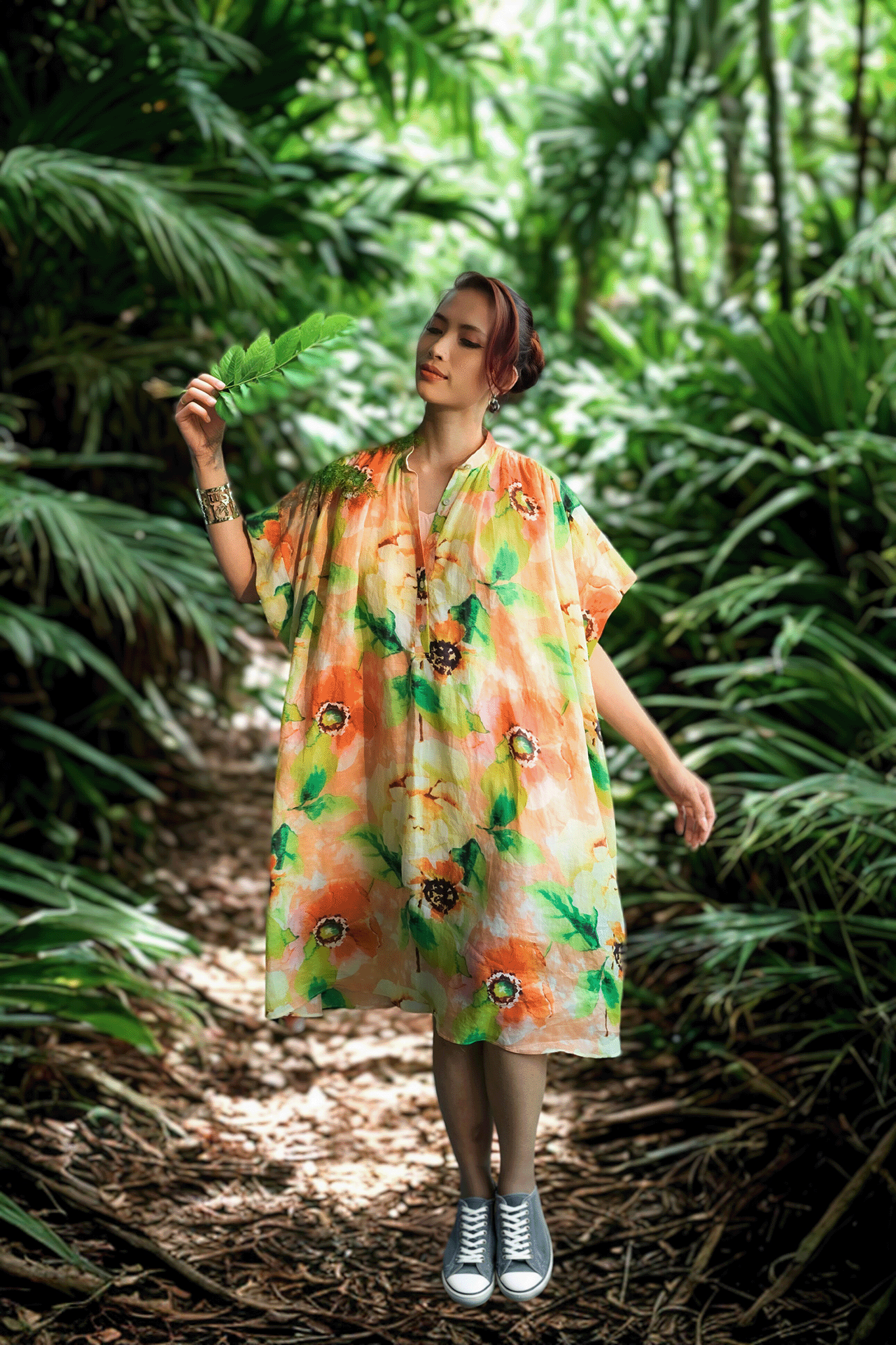 Đầm suông rộng oversized linen hoa dâm bụt thời trang Hity