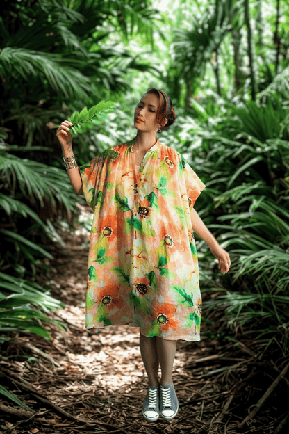 Đầm suông rộng oversized linen hoa dâm bụt thời trang Hity