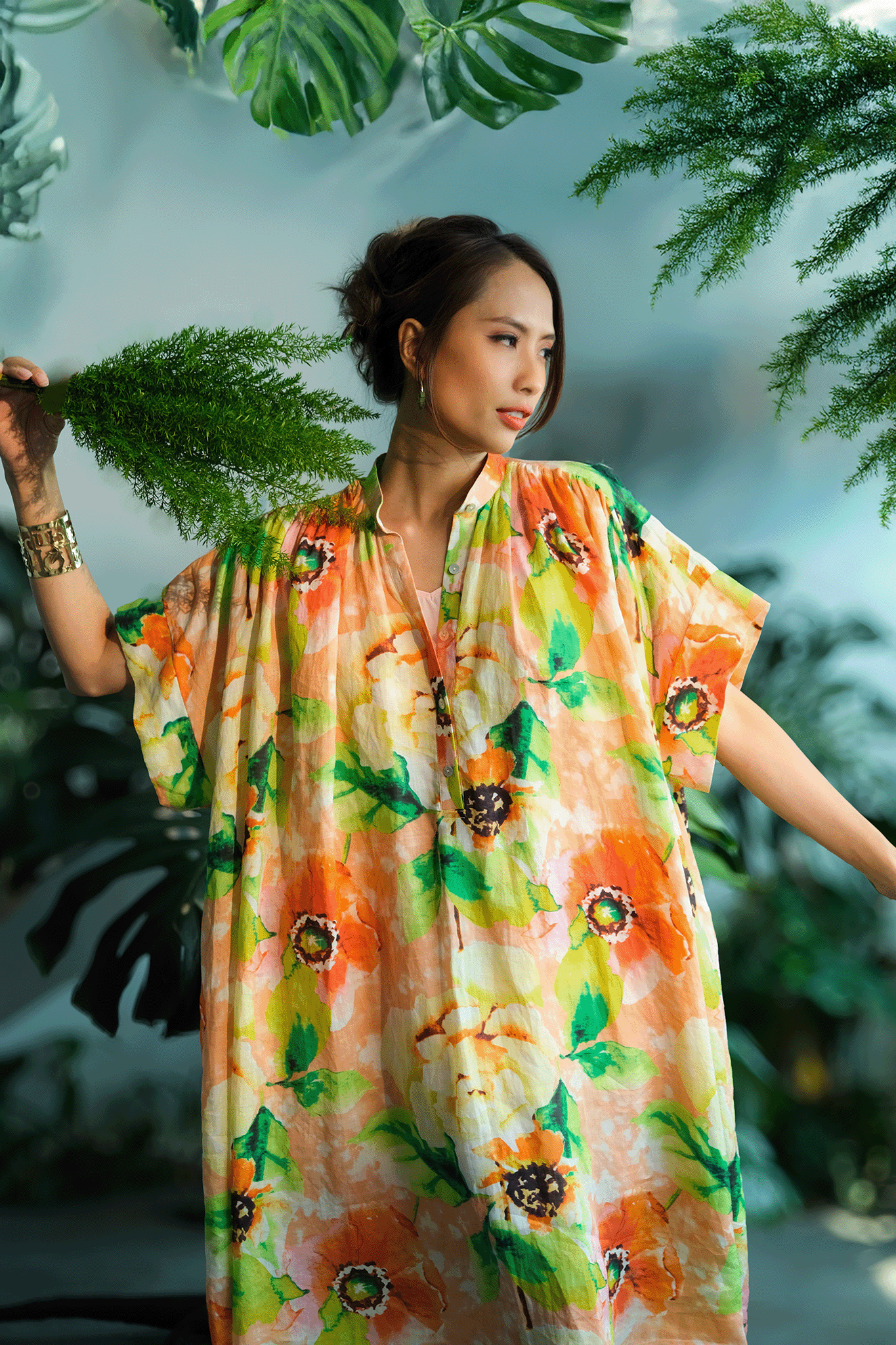 Đầm suông rộng oversized linen hoa dâm bụt thời trang Hity