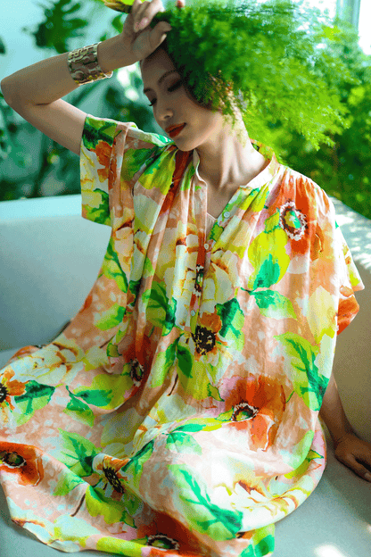 Đầm suông rộng oversized linen hoa dâm bụt thời trang Hity