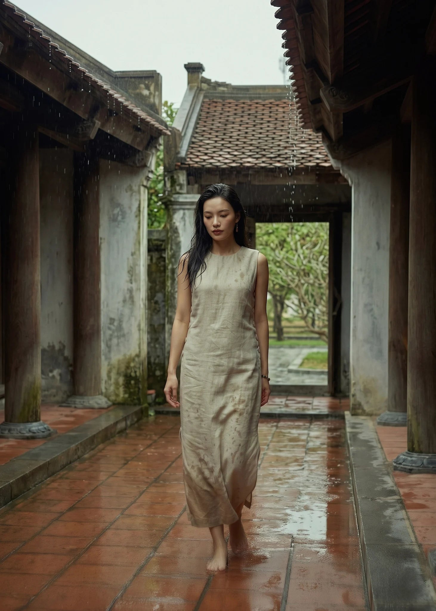 Đầm suông xẻ tà linen xám thời trang Hity