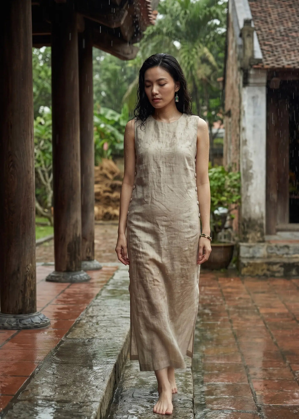 Đầm suông xẻ tà linen xám thời trang Hity