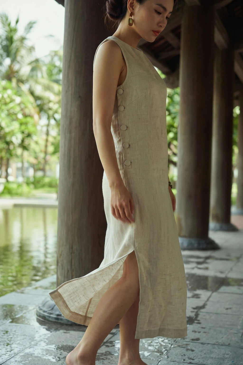 Đầm suông xẻ tà linen xám thời trang Hity