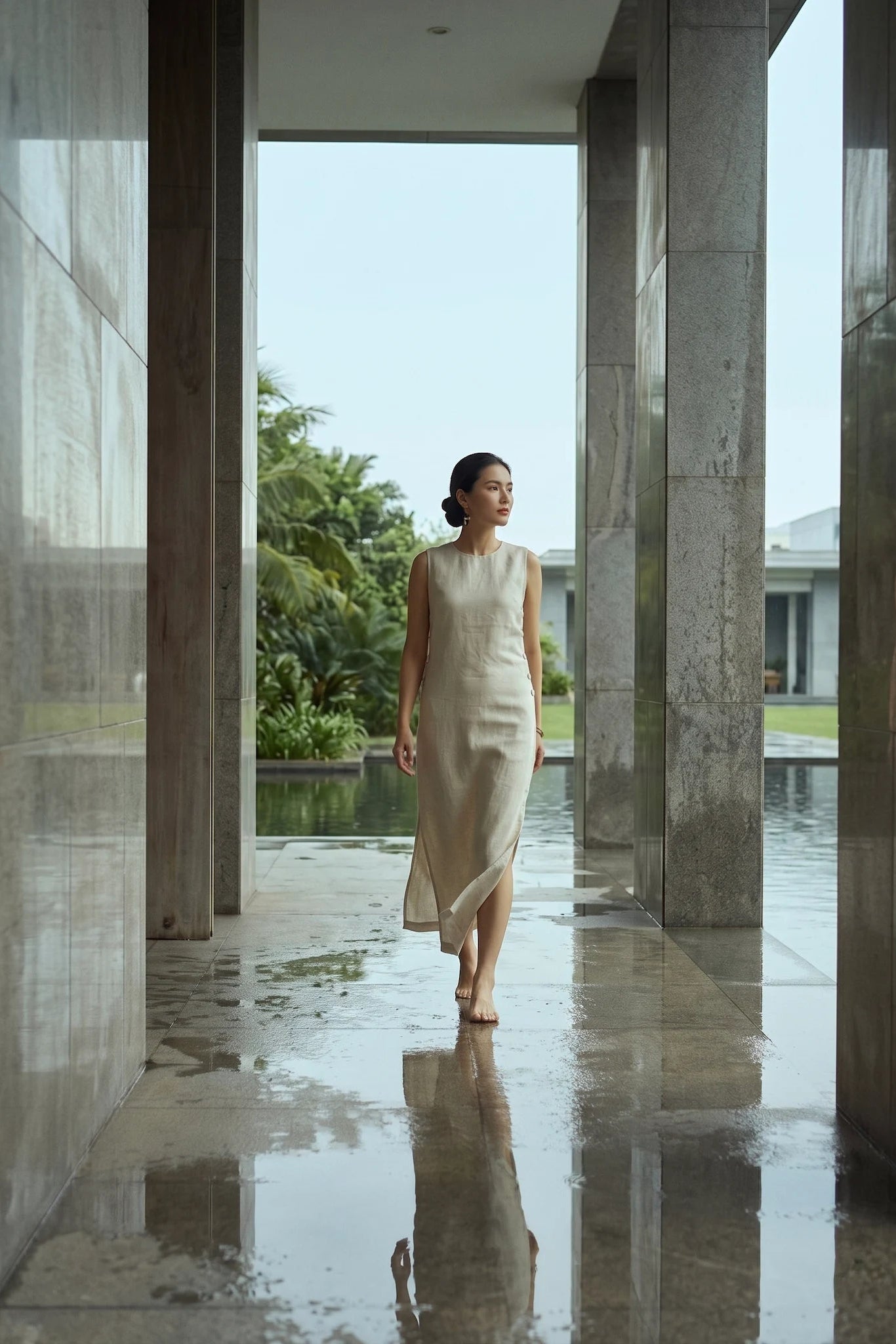 Đầm suông xẻ tà linen xám thời trang Hity