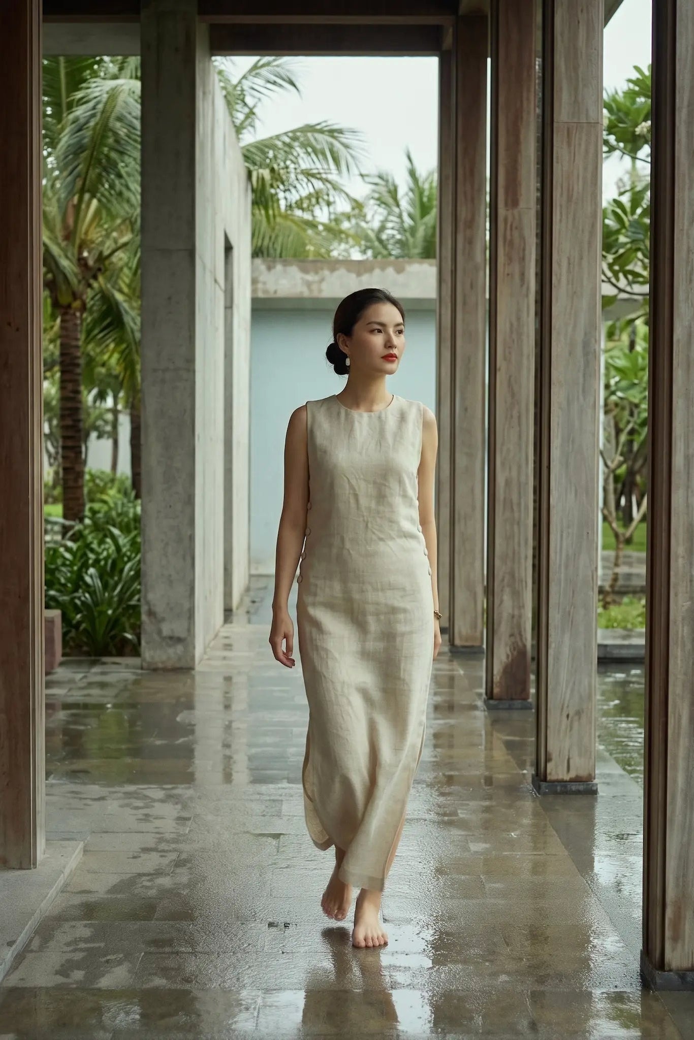 Đầm suông xẻ tà linen xám thời trang Hity