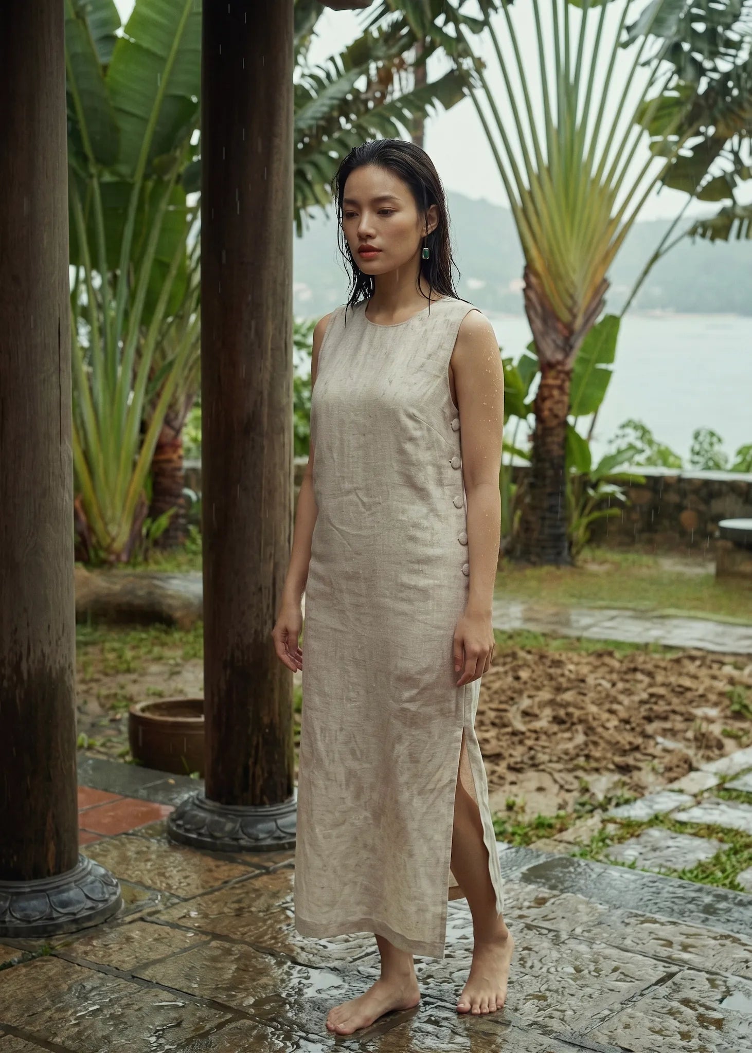 Đầm suông xẻ tà linen xám thời trang Hity