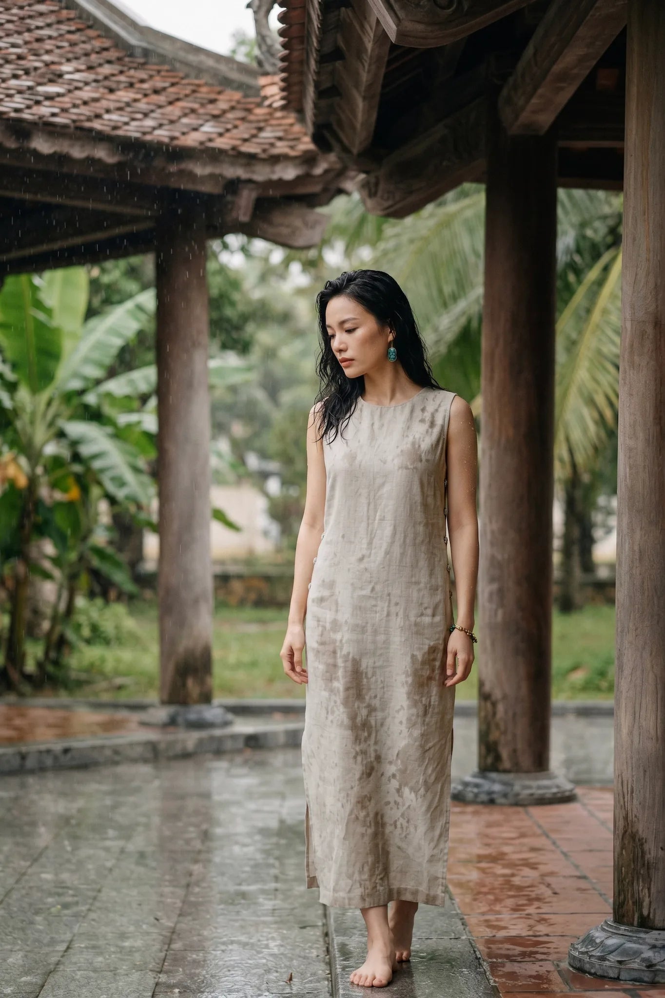 Đầm suông xẻ tà linen xám thời trang Hity