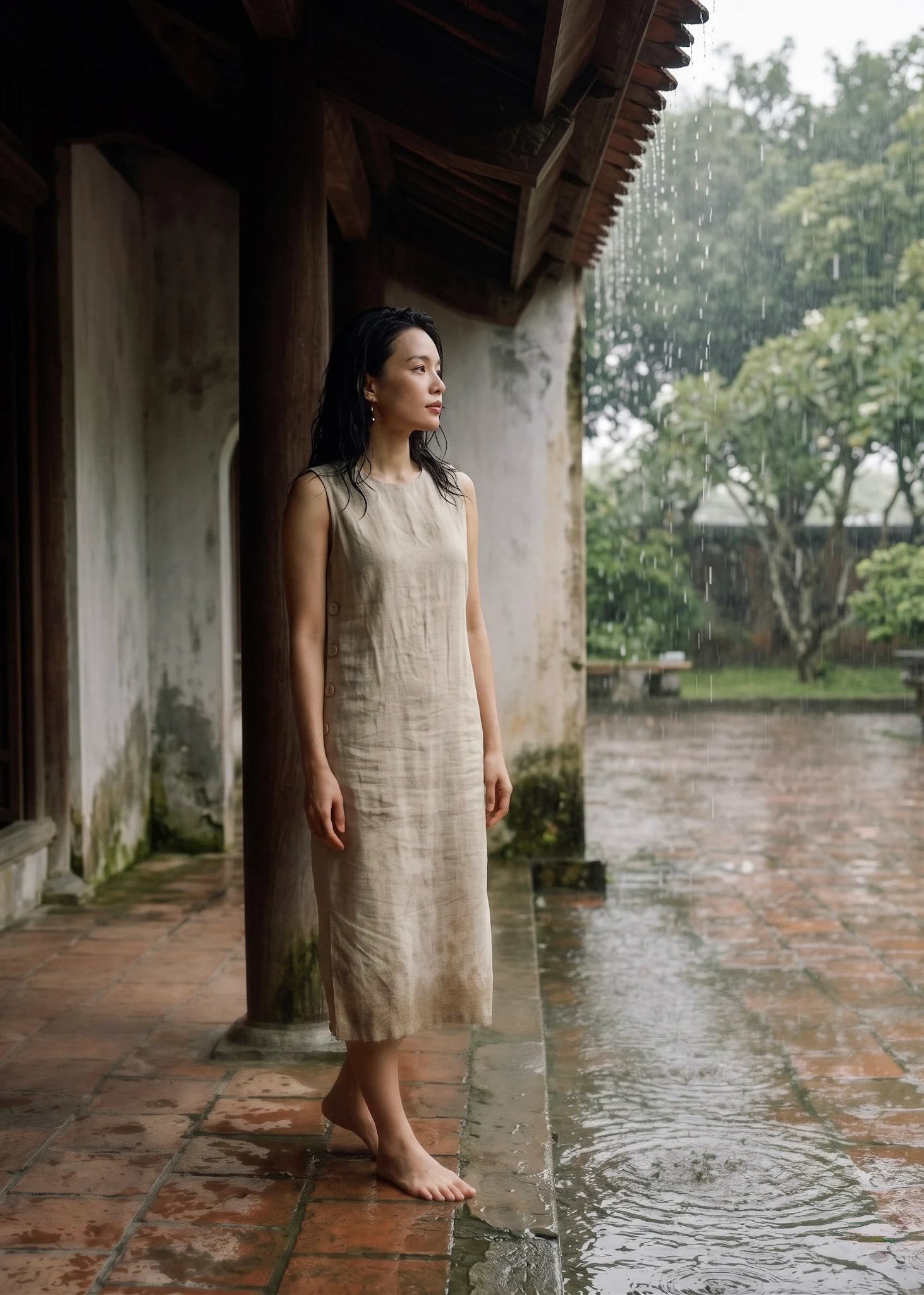 Đầm suông xẻ tà linen xám thời trang Hity