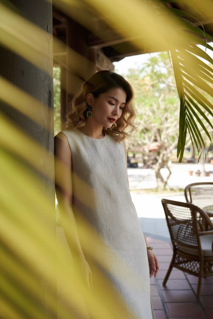 Đầm suông xẻ tà linen xám thời trang Hity