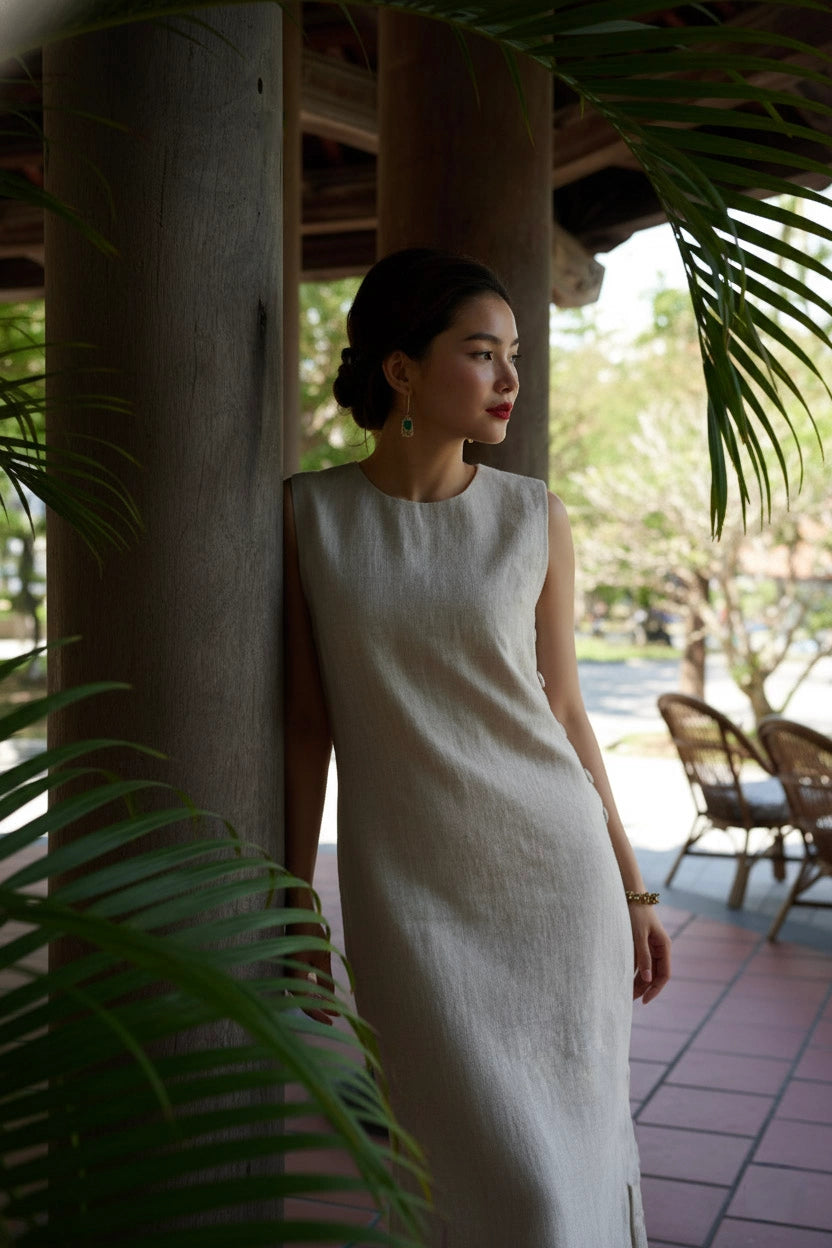 Đầm suông xẻ tà linen xám thời trang Hity