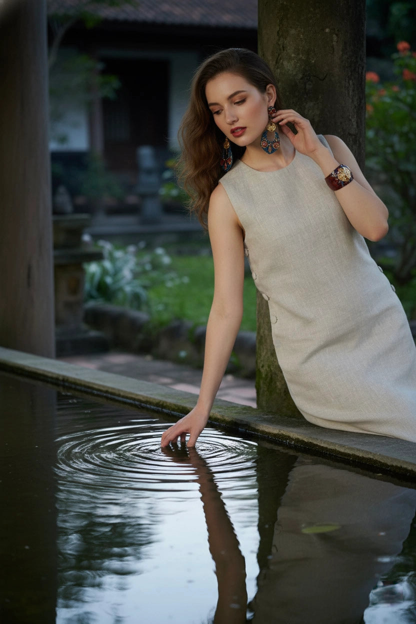 Đầm suông xẻ tà linen xám thời trang Hity