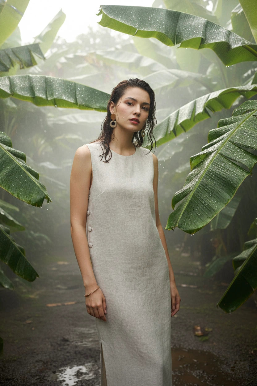 Đầm suông xẻ tà linen xám thời trang Hity