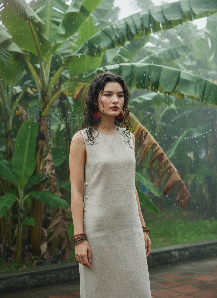 Đầm suông xẻ tà linen xám thời trang Hity