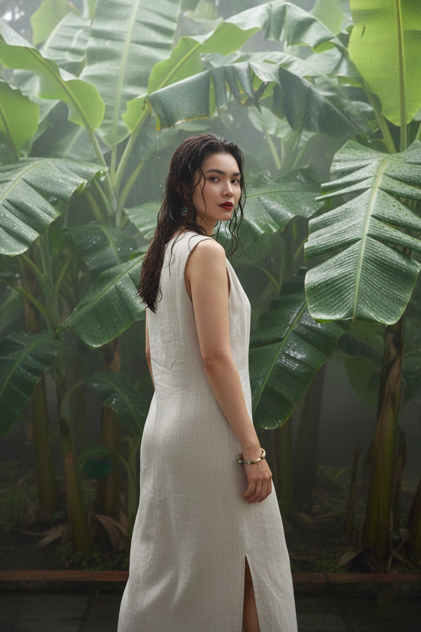 Đầm suông xẻ tà linen xám thời trang Hity