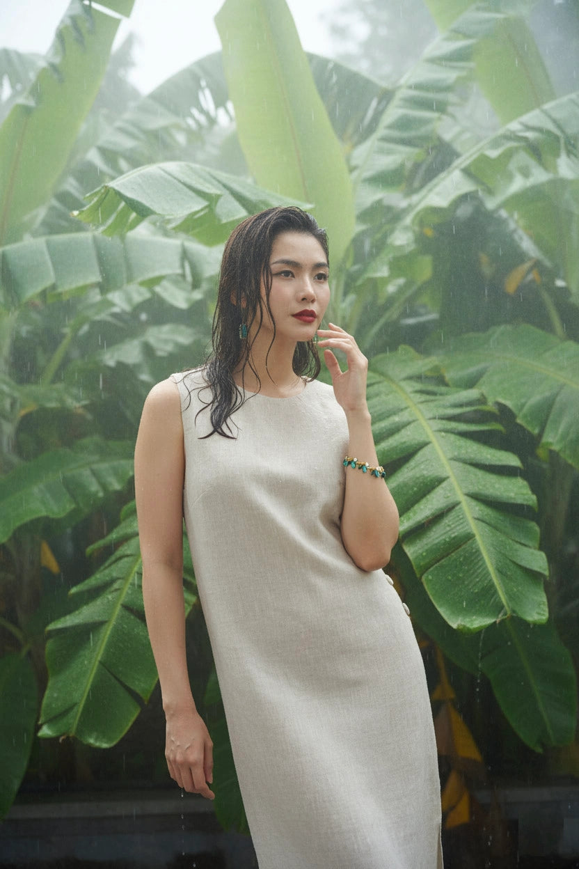 Đầm suông xẻ tà linen xám thời trang Hity