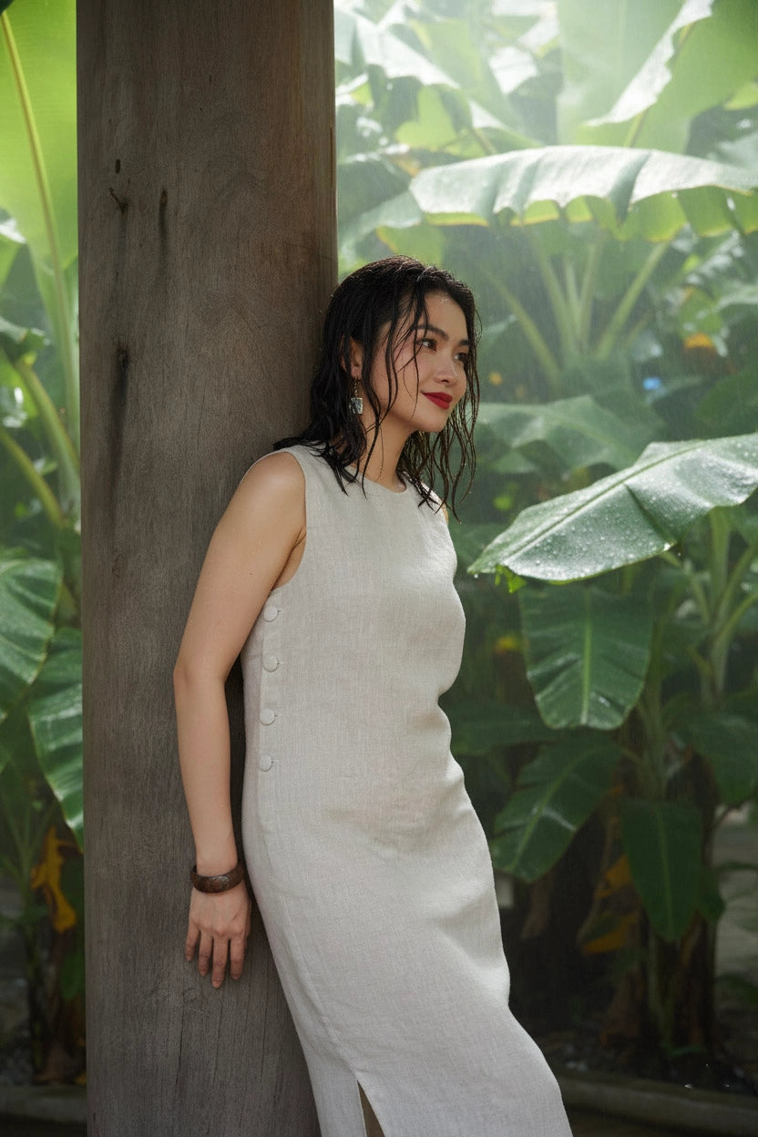 Đầm suông xẻ tà linen xám thời trang Hity