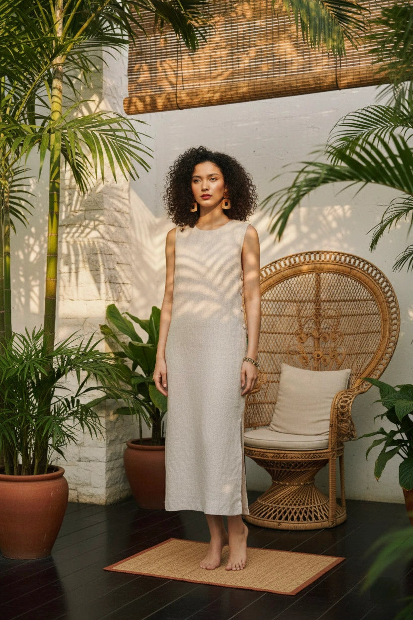Đầm suông xẻ tà linen xám thời trang Hity