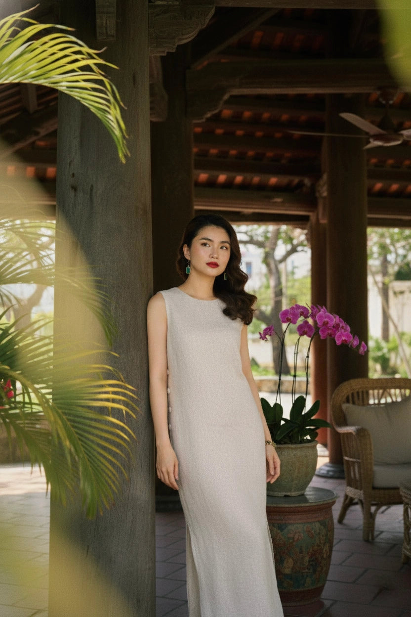 Đầm suông xẻ tà linen xám thời trang Hity