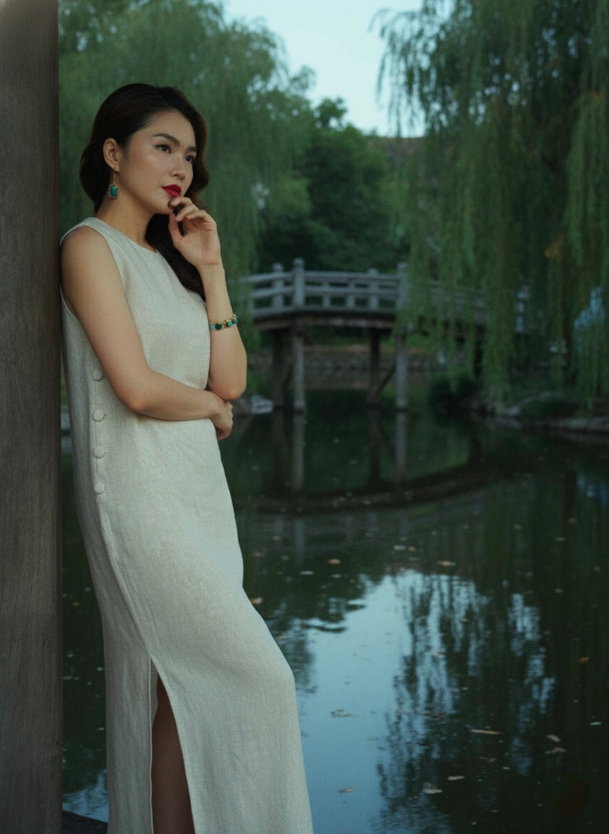 Đầm suông xẻ tà linen xám thời trang Hity