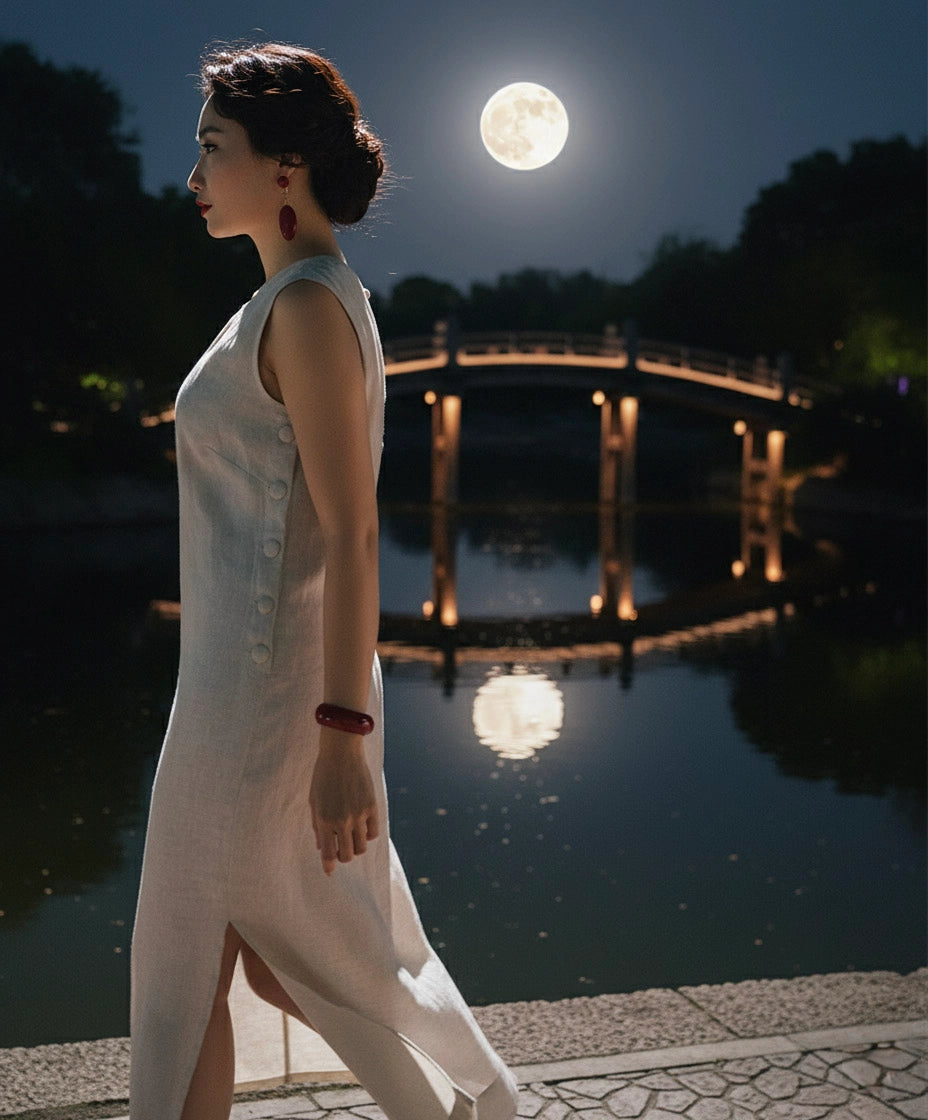 Đầm suông xẻ tà linen xám thời trang Hity
