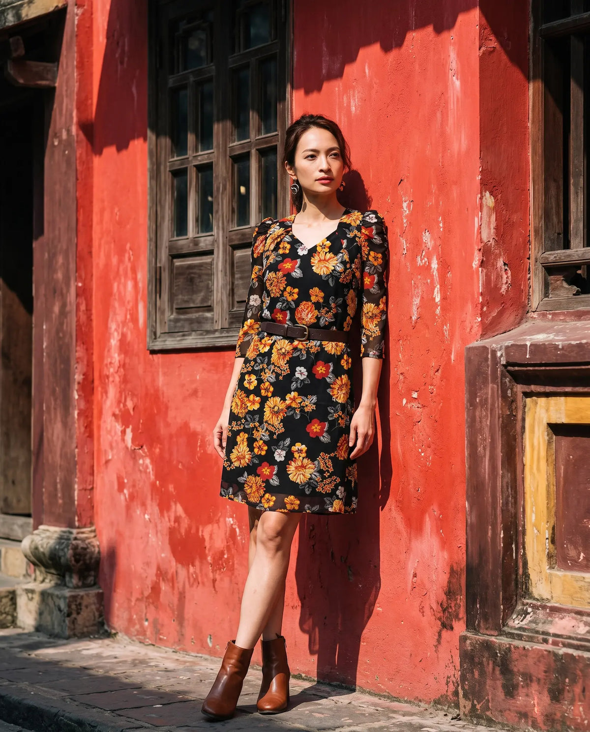Đầm suông tay phồng nhún chiffon hoa cúc thời trang Hity
