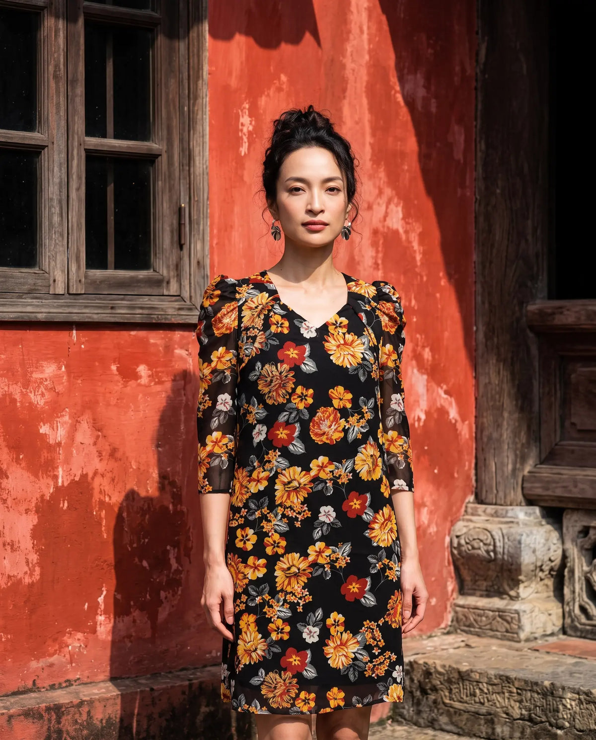 Đầm suông tay phồng nhún chiffon hoa cúc thời trang Hity