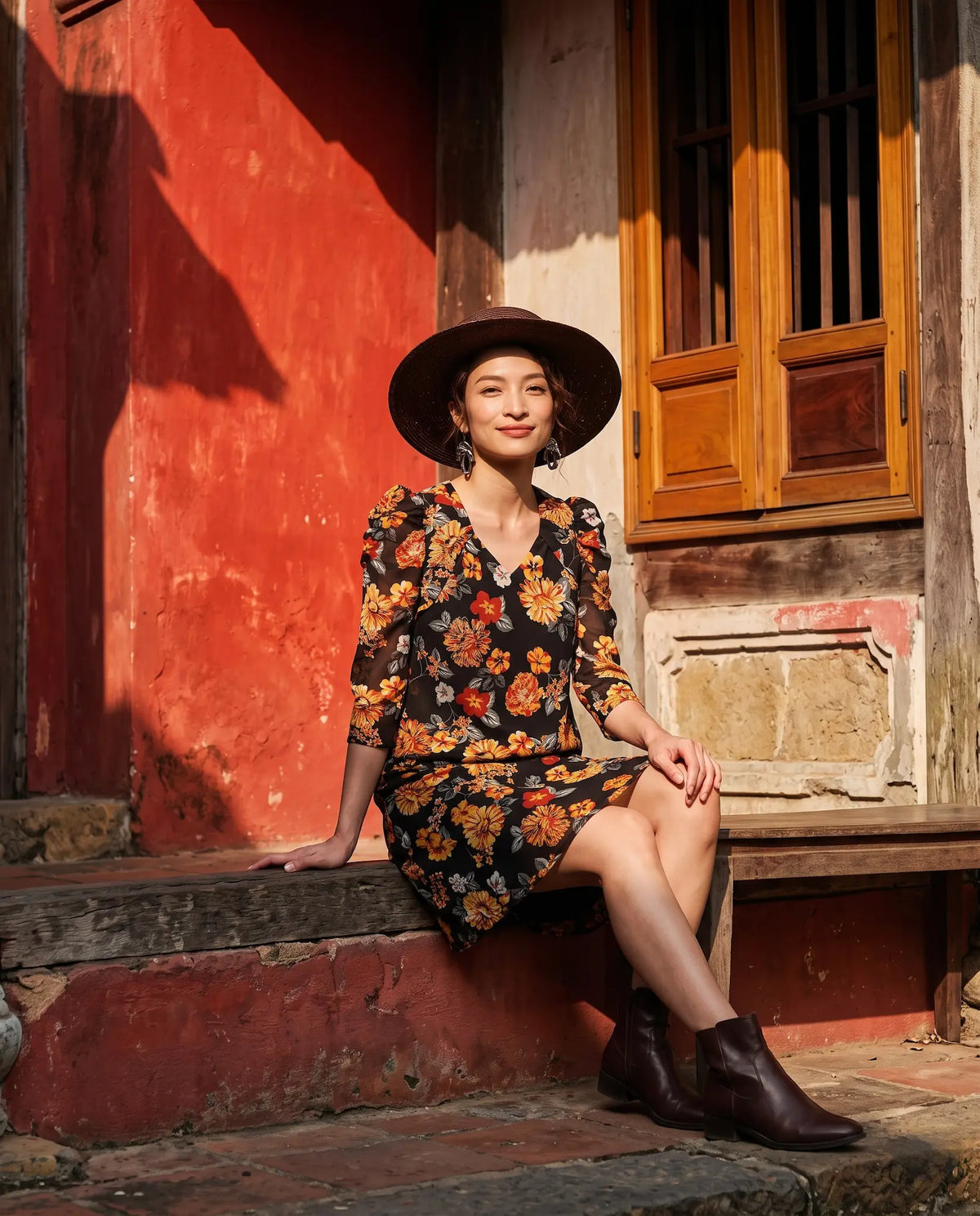 Đầm suông tay phồng nhún chiffon hoa cúc thời trang Hity