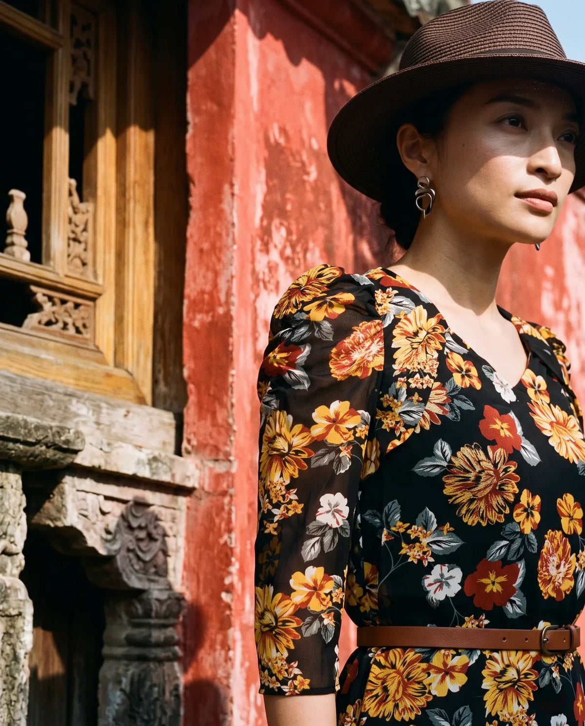 Đầm suông tay phồng nhún chiffon hoa cúc thời trang Hity