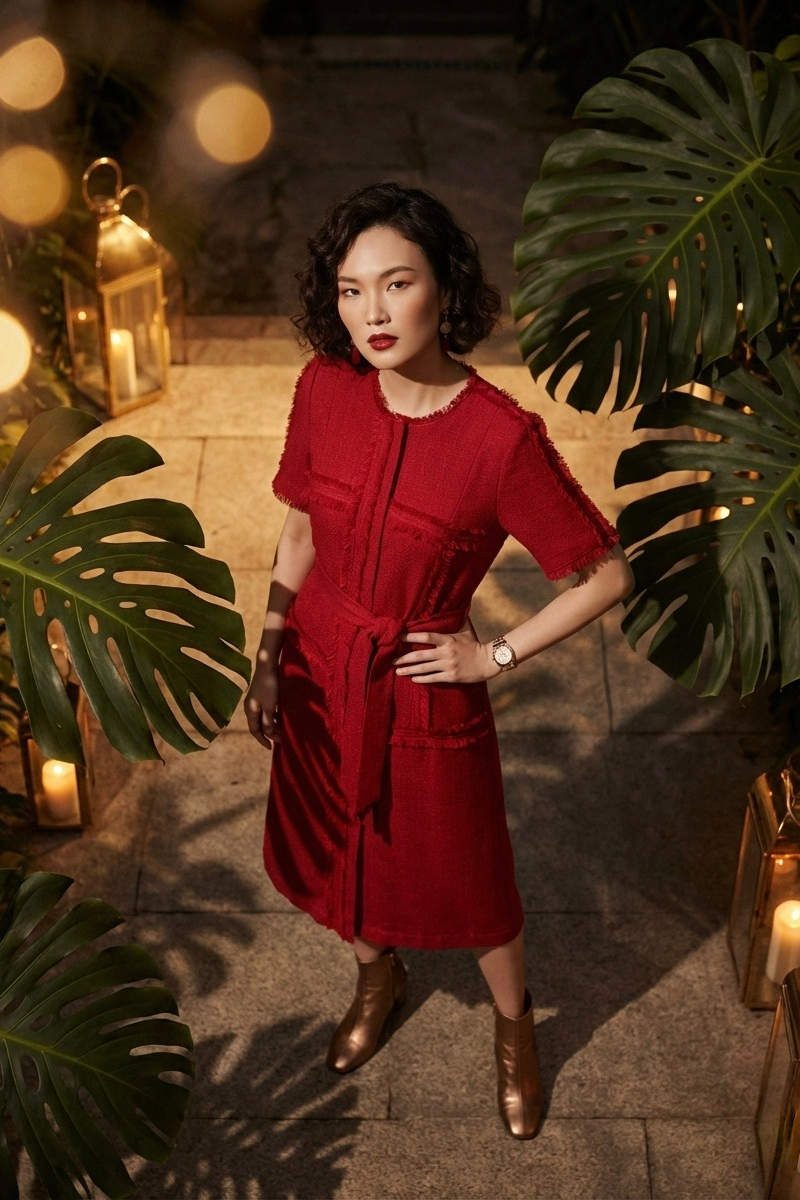 Đầm suông tua rua thủ công tweed đỏ thời trang Hity