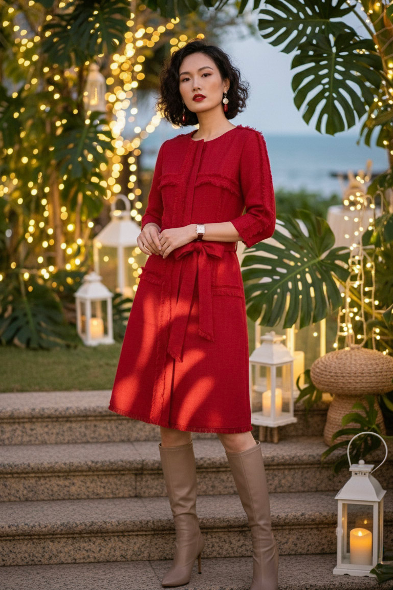 Đầm suông tua rua thủ công tweed đỏ thời trang Hity