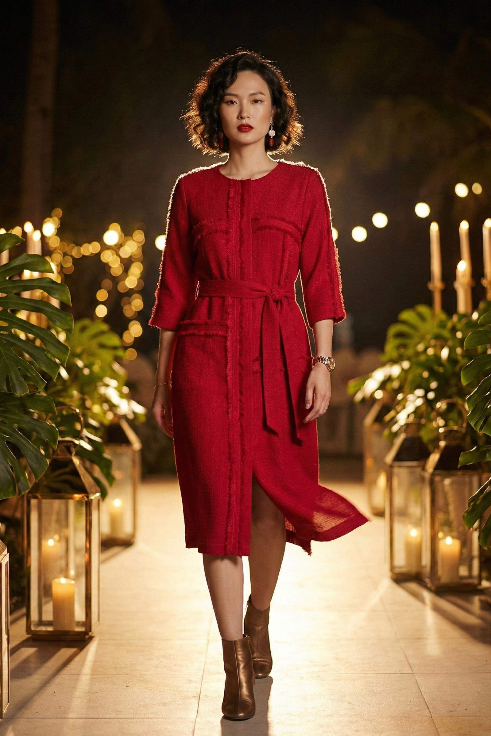 Đầm suông tua rua thủ công tweed đỏ thời trang Hity