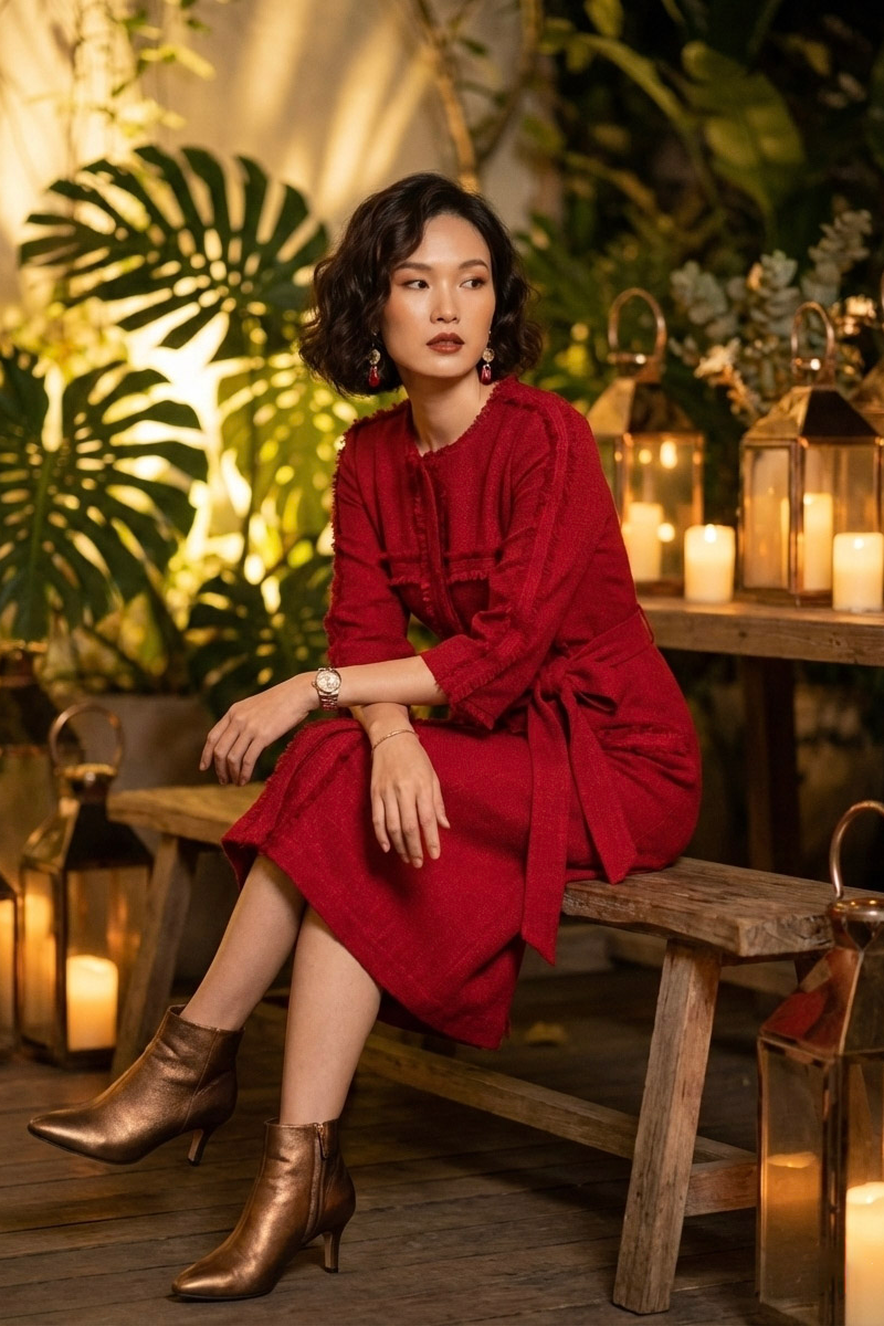 Đầm suông tua rua thủ công tweed đỏ thời trang Hity