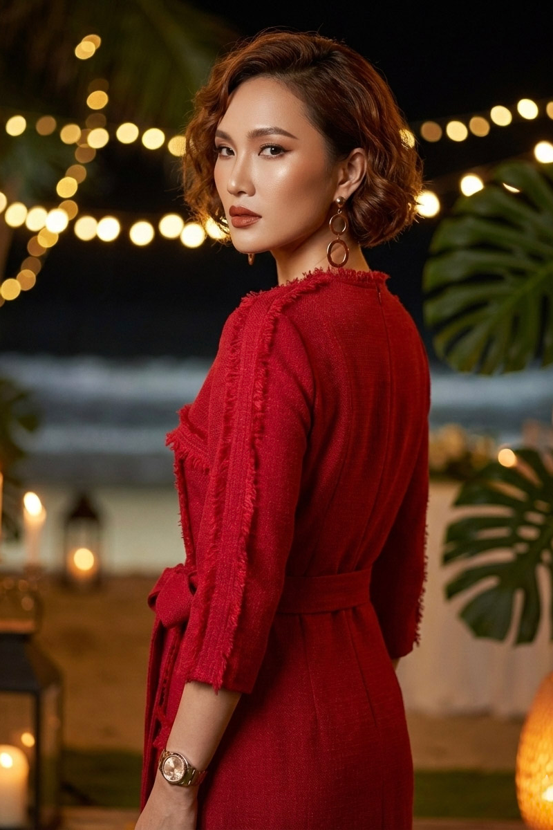 Đầm suông tua rua thủ công tweed đỏ thời trang Hity