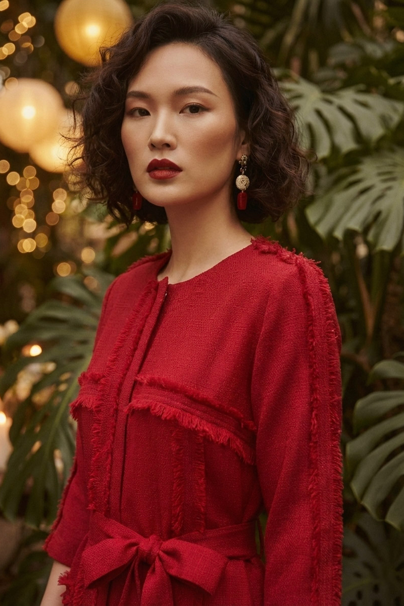 Đầm suông tua rua thủ công tweed đỏ thời trang Hity