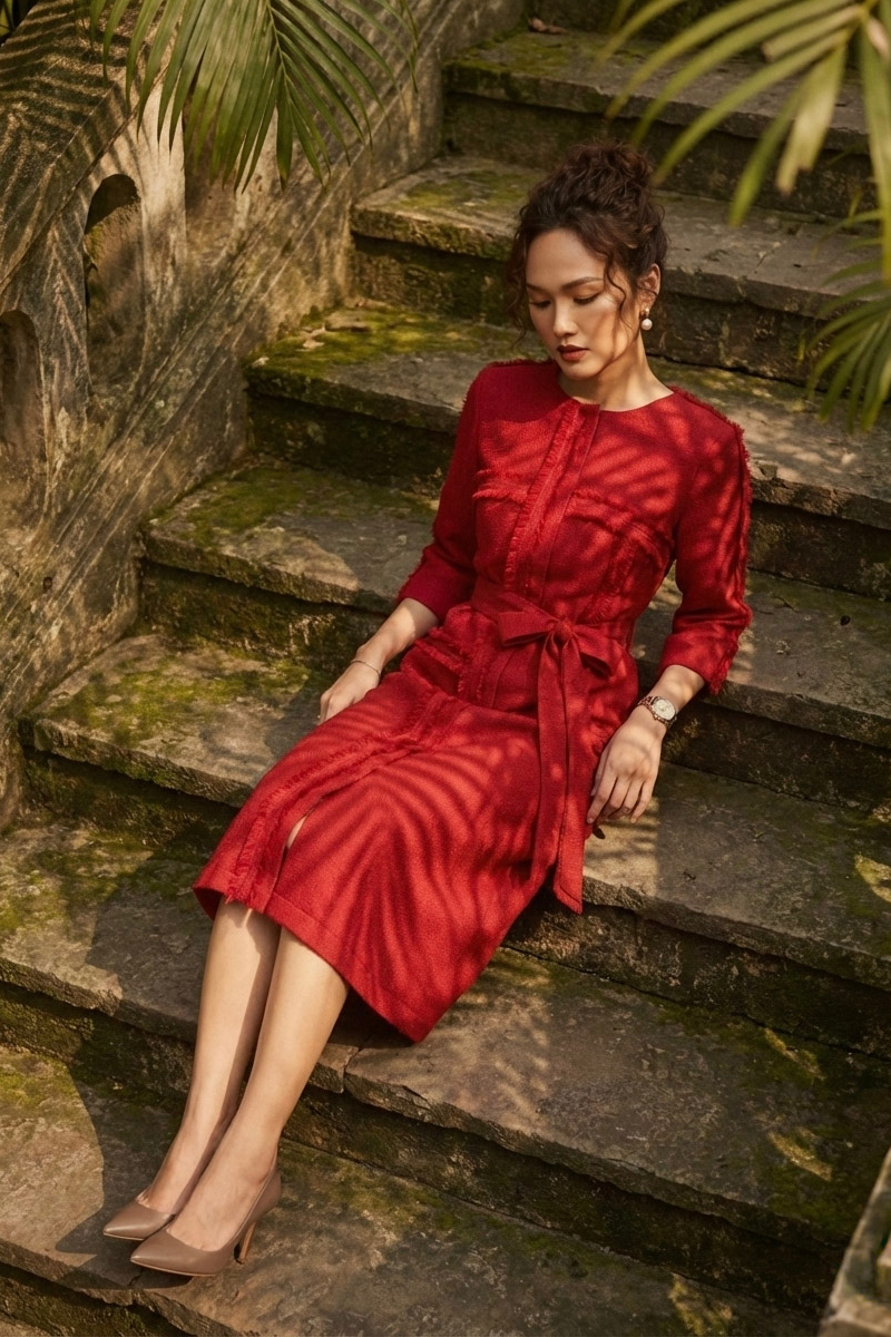 Đầm suông tua rua thủ công tweed đỏ thời trang Hity