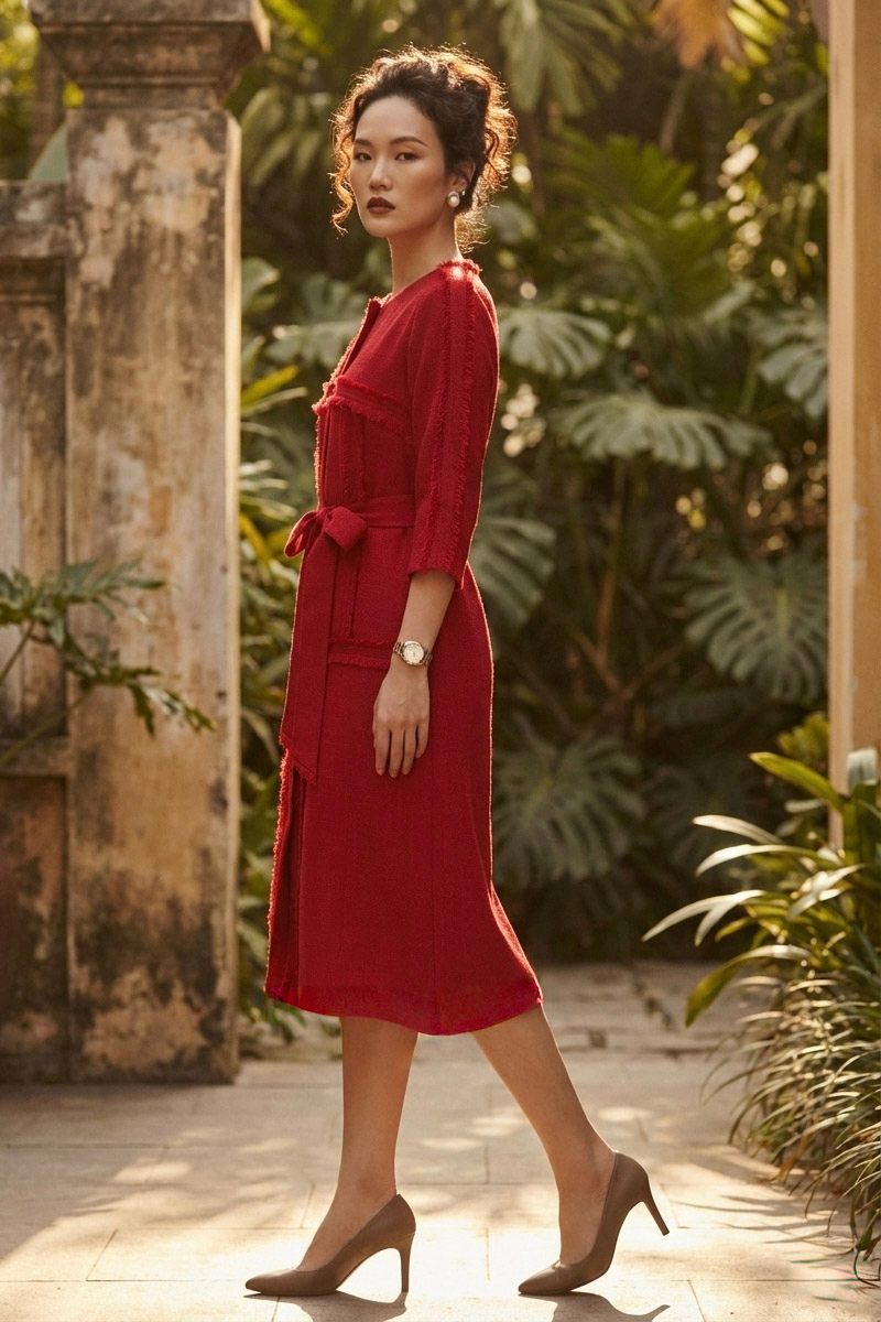 Đầm suông tua rua thủ công tweed đỏ thời trang Hity